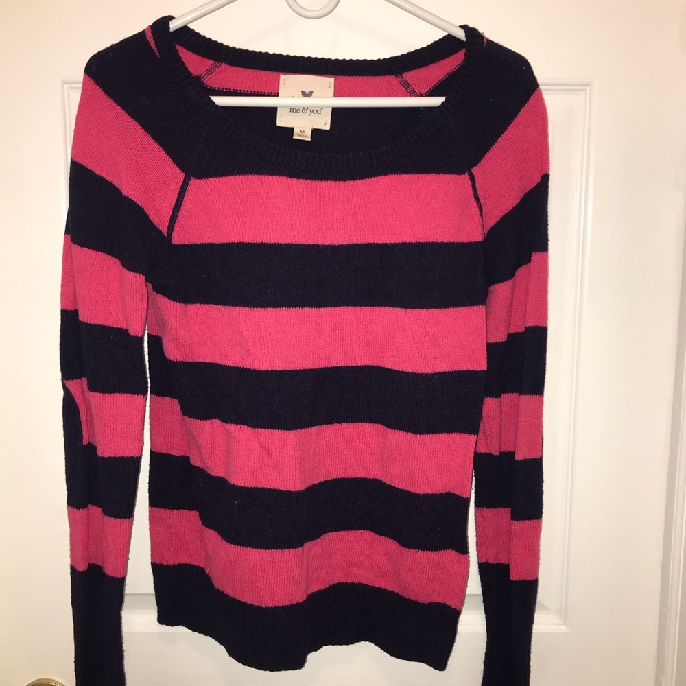 Pink and Navy Striped Sweater with elbow patches